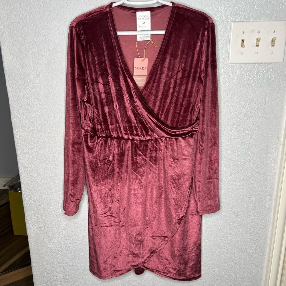 New Serra F Wrap Velvet Burgundy V- Neck Long Sleeve Dress Sz M Holiday Party - Picture 2 of 9